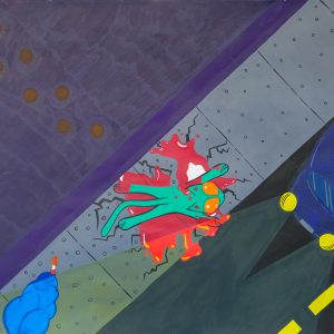 Drawing of car lying on sidewalk surrounded by blood 