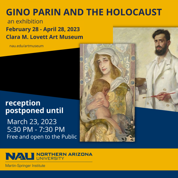 Promotional poster for postponed reception of Gino Parin and the Holocaust