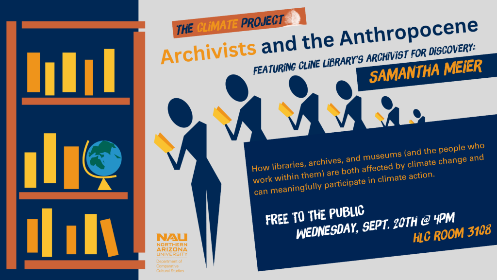 slide for The Climate project designed by student showing stylized people with books - shown as design example, text does not convey relevant info