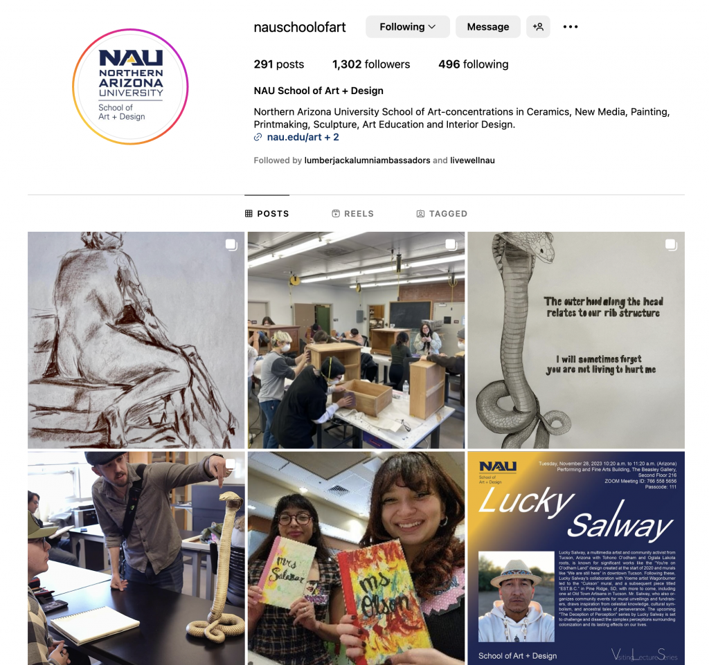 Header and posts form NAU Art and Design Instagram page