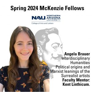 The image shows a young woman with long dark hair against a gray silhouette of Salvador Dali. The long description repeats the text.