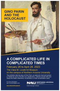 The image is a flyer for the Gino Parin exhibit in 2023 and shows a painted image of the artist. 