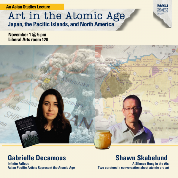 This image repeats the long description and shows a woman with a book and a man with an object against a background of a nuclear mushroom cloud and a map of uranium mines on Navajo Nation.