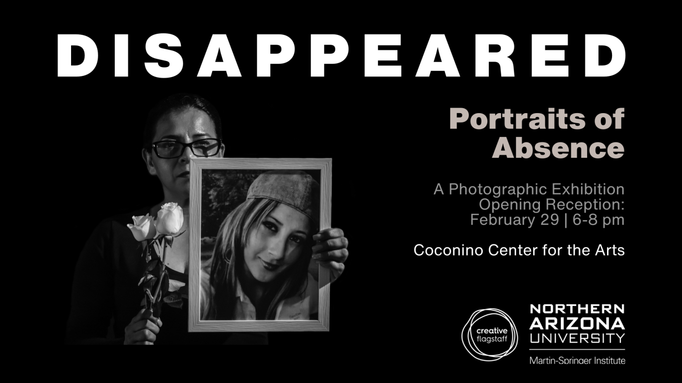 The image features a woman wearing glasses holding up a photograph of a disappeared woman against a black background. The long description repeats the text on the flyer. 