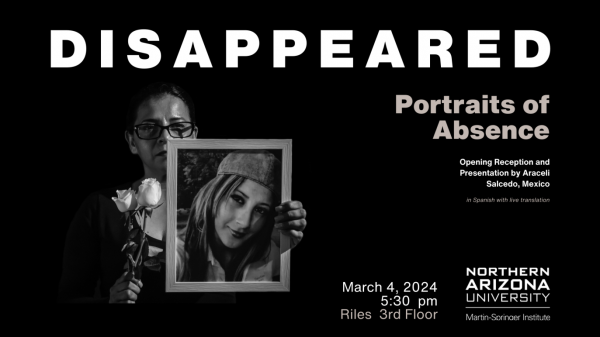 The image features a woman wearing glasses holding up a photograph of a disappeared woman against a black background. The long description repeats the text on the flyer. 