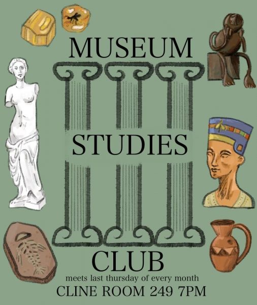 The image shows famous works of art against a green background and Greek columns. Text repeats the long description. 