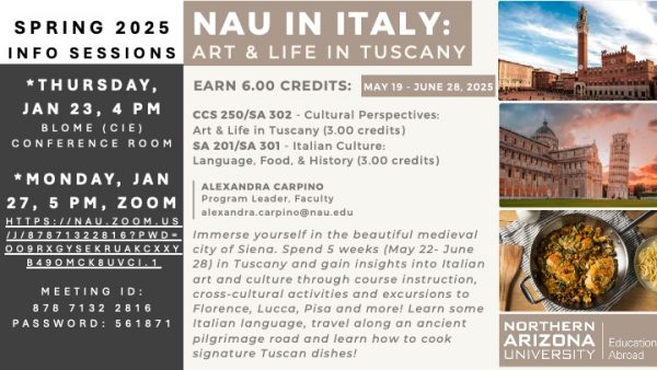 Poster for NAU in Italy Informational sessions; repeats session information in web post; features images of food and buildings.