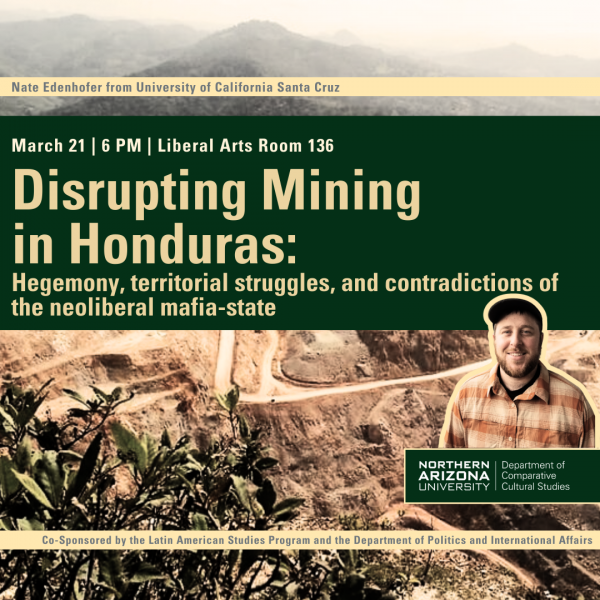 The image shows a sepia background of a mined landscape and a man in a ballcap and flannel shirt. The text is repeated in the long description.