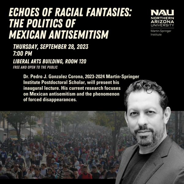 This image is in black and white and shows a man against a background of a crowd with signs. The long description repeats the text on the image. 