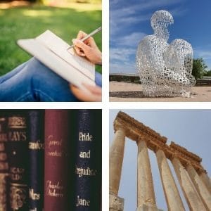 image of person writing, statue made of letters, books, and columns
