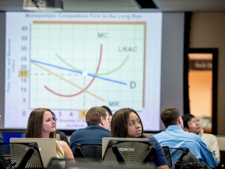 students learning about economics sitting at computers in a classroom with a graph on a screen behind them