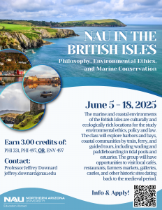 A flyer showing information on the NAU in the British Isles summer 2025 program.
