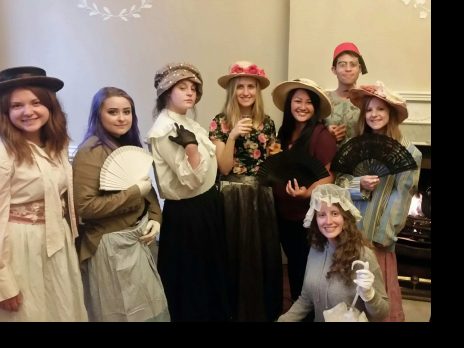 Photos of students in the study abroad program attending the Bloomsday Festival Costume Workshop
