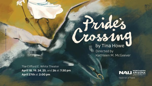 prides crossing poster, edge of a dress and feet showing on a beach and a woman swimming in water far off shore