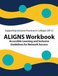 Supporting Inclusive Practices in Colleges (SIP-C) ALIGNS Workbook Accessible Learning and Inclusive Guidelines for Network Success shown with wavy blue and gold lines and light blue circles