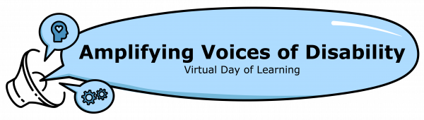 Amplifying Voices of Disability logo shows a speaker with a text bubble coming from it and icons of a gear and the side of a persons head