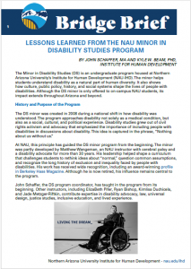 Bridge Brief Thumbnail LESSONS LEARNED FROM THE INNNAU MINOR IN DISABILITY STUDIES PROGRAM other words too small to read and an image of a man in a wheelchair