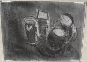 Charcoal still life drawing of containers
