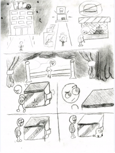 cartoon drawing with 5 cells showing a person walking into a casino and going to a hamburger stand that is out of hamburgers so the person is sad. Then the person walks past a dumpster that has banging on the inside. The lid seems to open and there is a racoon sitting near the dumpster.