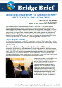 Bridge Brief Thumbnail LESSONS LEARNED FROM THE INTERDISCIPLINARY DEVELOPMENTAL EVALUATION CLINIC other words too small to read and an image of people in an observation room