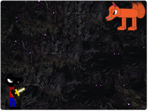 screenshot of a computer game with a cartoon image of an orange wolf in the top right corner and a black wolf in the bottom left wearing clothes, standing on hind legs and holding a sword.