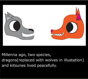 Screenshot of a grey cartoon wolf head and an orange wolf head looking at each other. Text below says "Millenna ago, two species, dragons (replaced with wolves in illustration) and kitsunes lived peacefully.