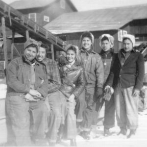 [Women working at Southwest Forest Industries sawmill - Left to right - Inez Aguilar, Antonia Almaraz, Carmen Almaraz, Trini Rodriguez, Polly Vega and Antonia Contreras.]