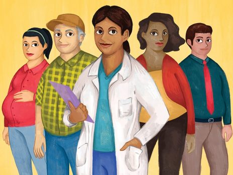 Illustration of a female researcher in a lab coat and four other individuals.