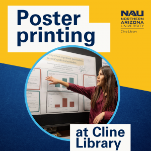 Poster printing at Cline Library. A young woman pointing to something on a wall-mounted research poster.