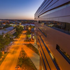 campus at night by Health and Science building