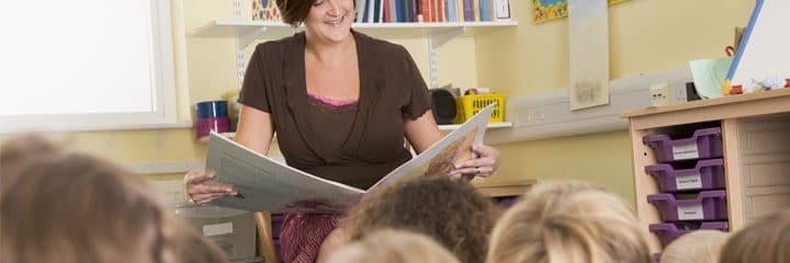 Student teacher reading to children.