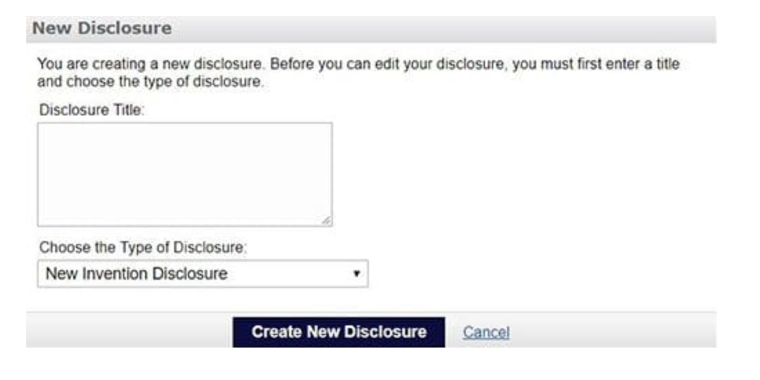 Screen shot of the inventor portal new disclosure agreement. 