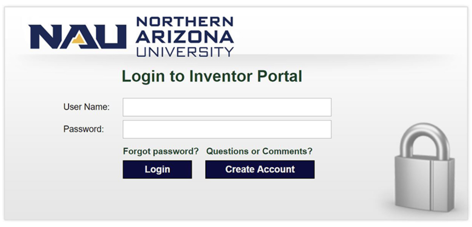 Screen shot of the N A U inventor portal login screen. 