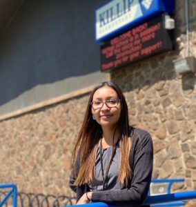 Myralyn McCabe pictured outside Killup Elementary School
