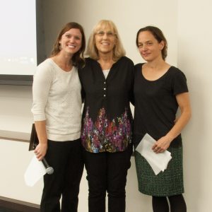 Professor Mary Damskey after receiving her Transformational Educator award, standing between presenters Katherine Mommaerts (left) and Melissa Riggs (right)