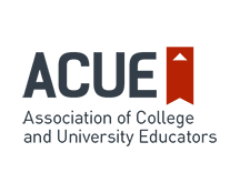 Logo for ACUE with the acronym in dark gray, where the 'E' is next to a red banner. Below is the full name: "Association of College and University Educators."