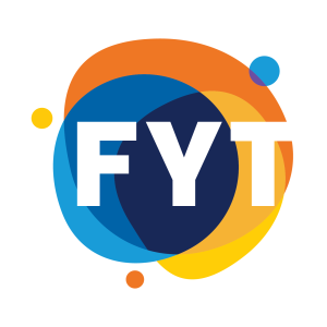 Stylized logo for FYT. Large, white "FYT" letters are centered over a dynamic, abstract shape of blue, orange, and yellow colors.