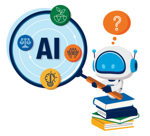 A chatbot stands on books, holding a magnifying glass with "AI" at its center and icons for environment, learning, humans, and ideas around it. A question mark floats above the chatbot's head.