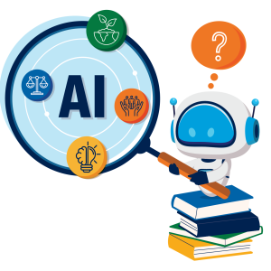 A chatbot stands on books, holding a magnifying glass with "AI" at its center and icons for environment, learning, humans, and ideas around it. A question mark floats above the chatbot's head.
