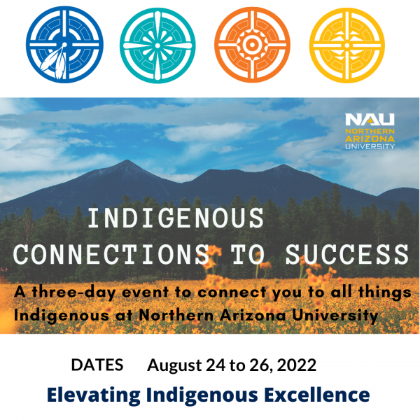 Indigenous Connections to Success white writing on blue mountain background