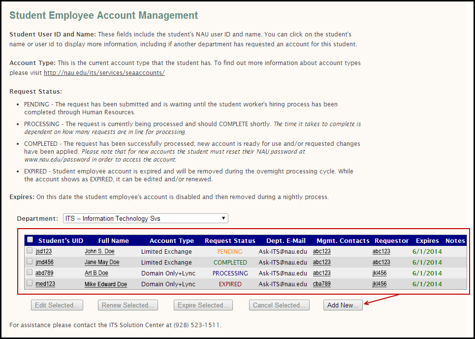 Selected Department Screen - Listed Accounts