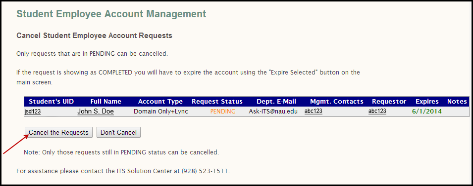Cancel Screen - Cancel Selected User