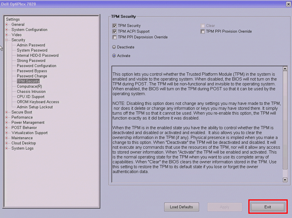 Windows 10 - TPM Security Activate and Exit