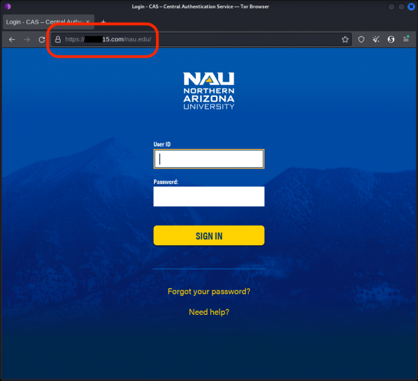Fake NAU login page with the domain ending in .com, and not nau.edu.