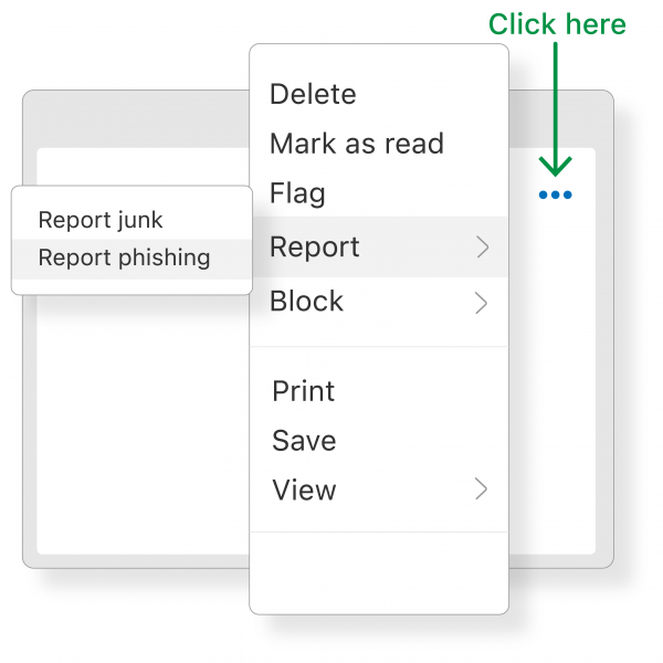 An ellipse menu showing "Report" and "Report Phishing" buttons.