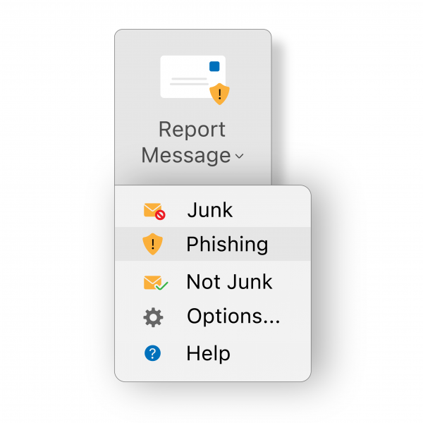 A toolbar menu showing a report phishing button.