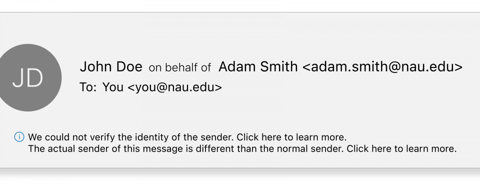 an image showing Jon Doe sending an email on behalf of Adam Smith in Outlook. 