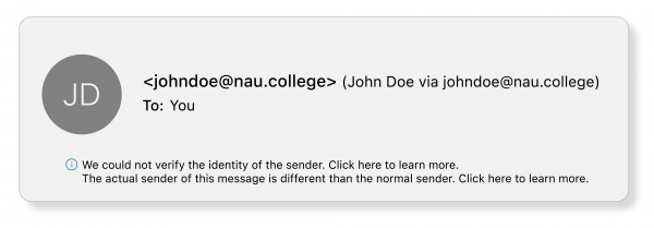 An email from John Doe via johndoe@nau.college in Outlook. 