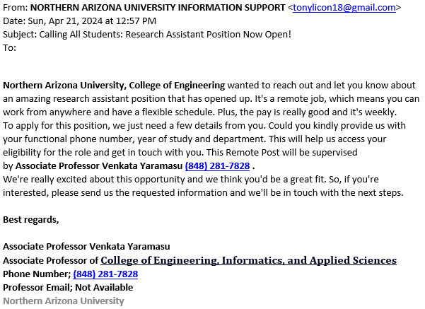 Screenshot of an email that is a job scam
