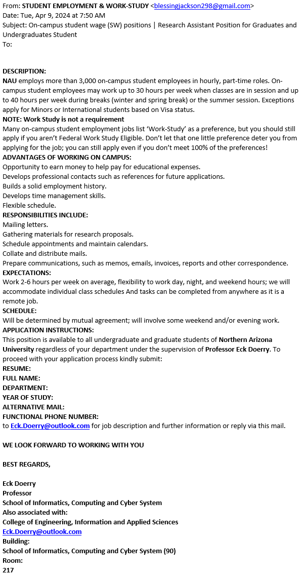 Screen shot of email that is a job scam